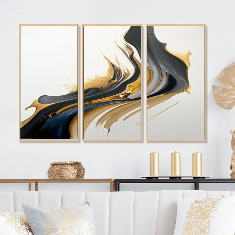 Noir, blanc et or liquide Art II - ensemble d'art mural moderne sur toile, Encadré naturel, H 32 po x l 48 po x P 1 po