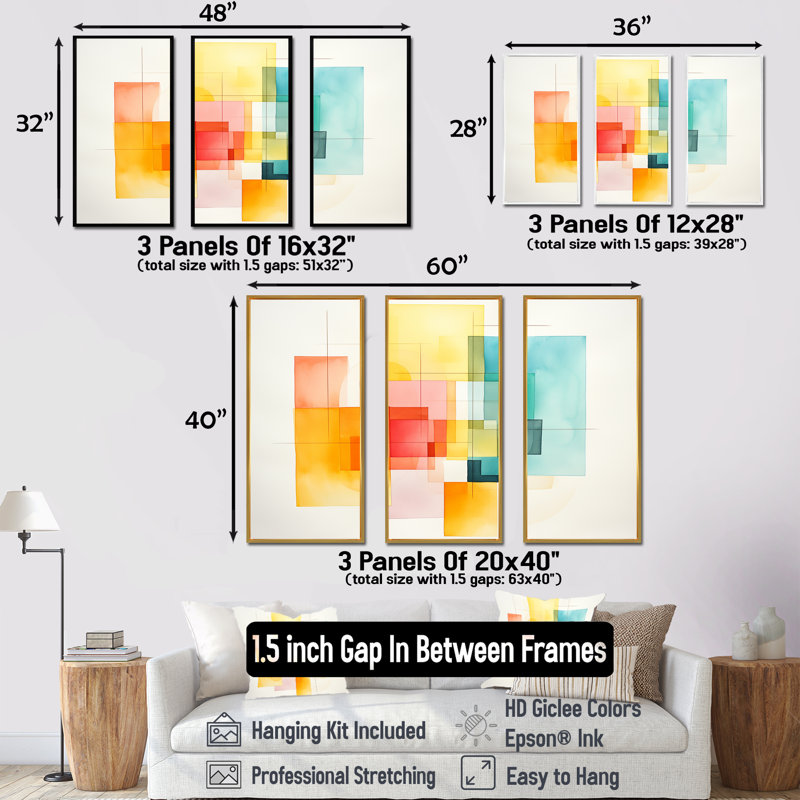 Motif de cubes multicolores I - art mural géométrique, Cadre flottant noir, H 32 po x l 48 po x P 1 po