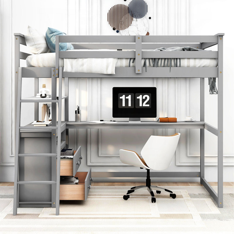 Latitude Run® Twin Size Loft Bed With Desk And Shelves, Two Built-In ...