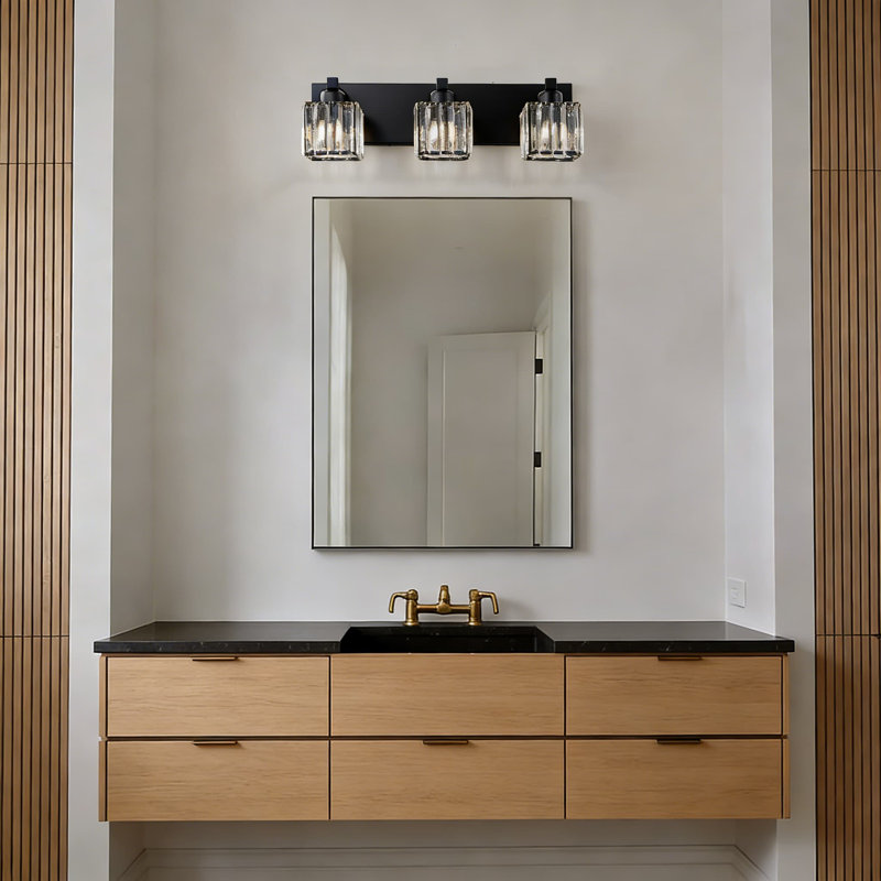 Luminaire de meuble-lavabo de salle de bain moderne à 3 lumières avec accents de cristal - Luminaire carré noir à fixation murale pour miroir - à intensité variable et compatible avec douille E26