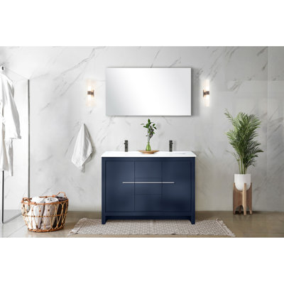 Meuble-lavabo double bleu marine 48 po L, comptoir en quartz blanc, robinet en métal, miroir 43 po, comptoir avec surface résistante aux égratignures et aux taches, surface résistante aux égratignures
