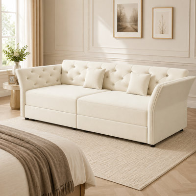 Floravessane 74.4" Queen Pull-Out Velvet Sleeper Sofa with Floral-Inspired Button Tufting, Deep Seats, Removable Cushion Covers and 2 Pillows