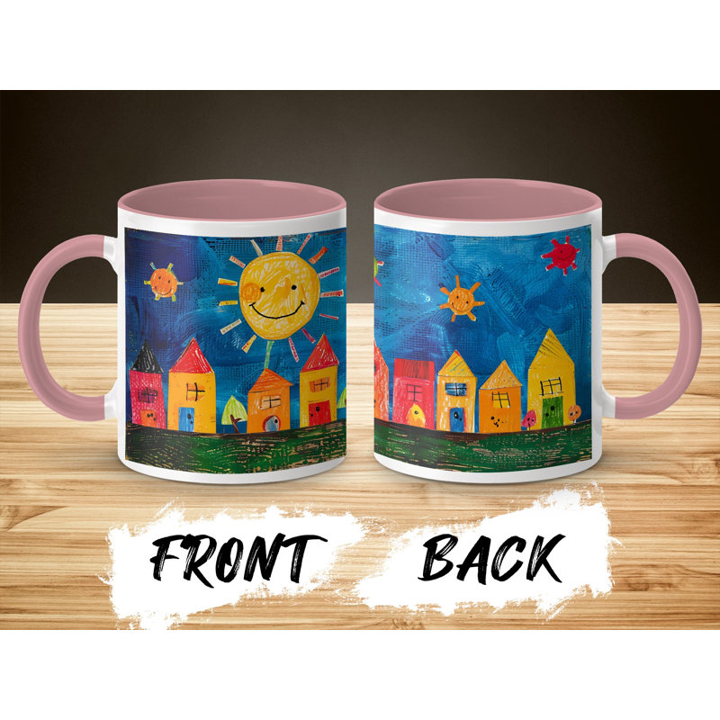 Kids Drawing Style 11oz Accent Mugs – Ceramic Coffee Cup with a Pink Handle and Interior