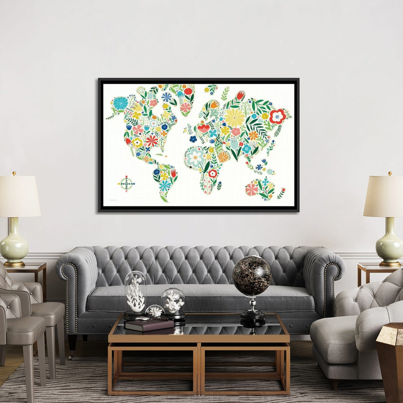 Carte du monde floral - reproduction murale sur toile, L 60 po x H 40 po x P 1,5 po, Toile avec cadre flottant noir