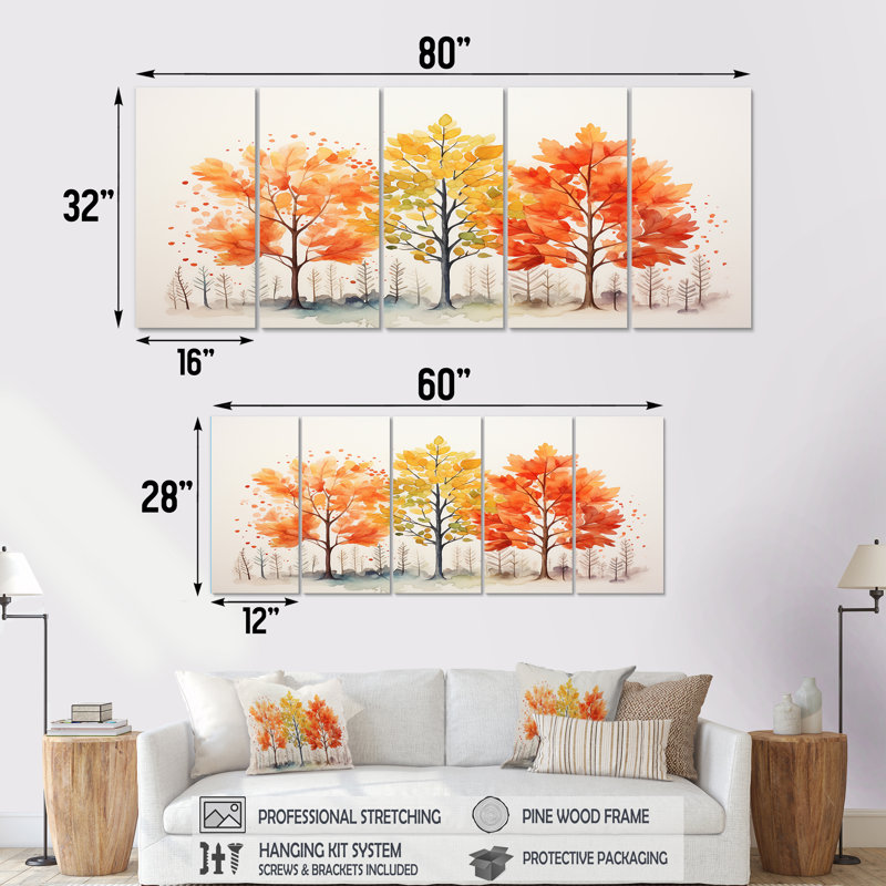 Ensemble de 5 décorations murales jaune et orange, feuilles d'automne II - érable, H 28 po x l 60 po