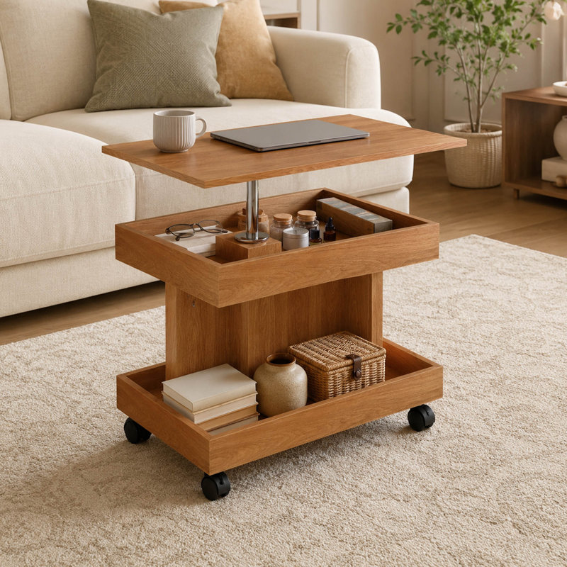 Petite table basse roulante avec plateau tournant et compartiment de rangement