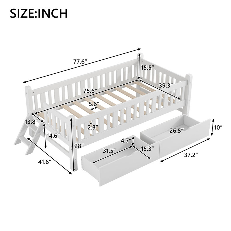 Structure de lit simple en bois avec garde-corps et 2 tiroirs de rangement, blanc, Blanc