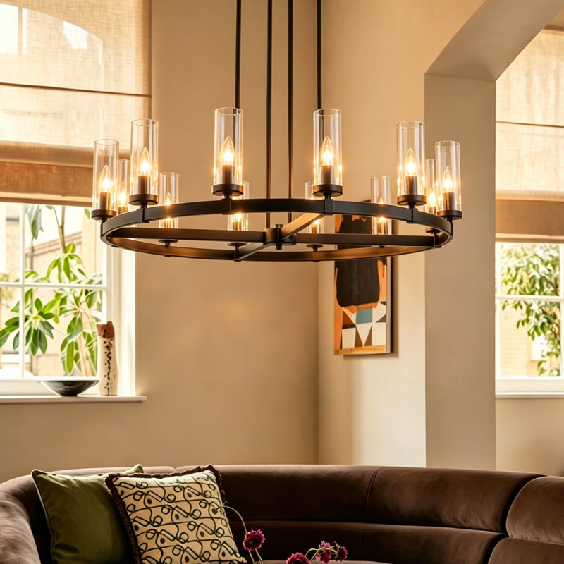 Andrade 12-Light Dimmable Metal Wagon Wheel Chandelier, Black