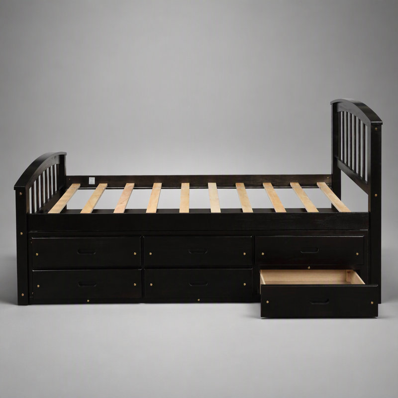 Lit plateforme simple avec 6 tiroirs, fabrication en bois massif pour la durabilité et l'efficacité de l'espace, Espresso