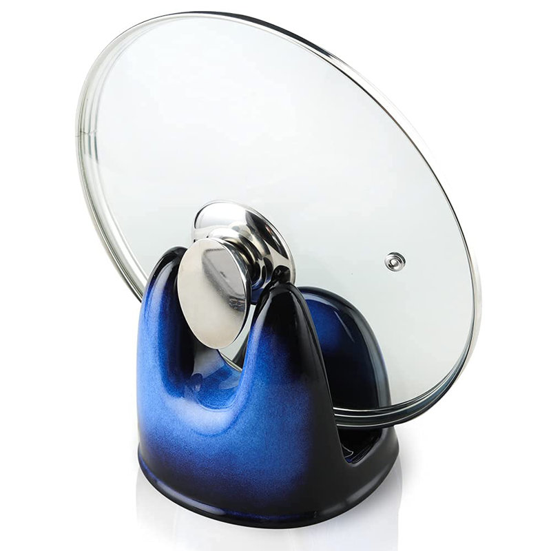 Pot Lid Holder: Stable Ceramic Pan Lid Holder For Kitchen Counter Decor/Countertop/Stove Top- Heat Resistant & Dishwasher Safe - Black & Blue