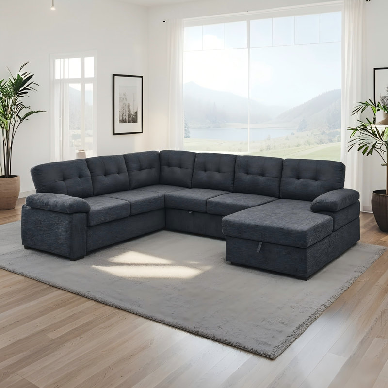 Canapé-lit modulaire convertible de 114 po avec lit escamotable de 114 po et canapé modulaire moderne en U en mélange de lin avec méridienne de rangement pour salon et appartement