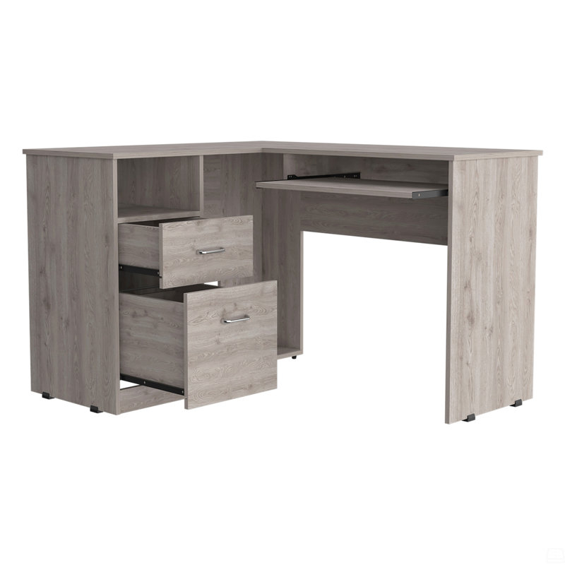 Bureau en L, plateau à clavier, deux tiroirs, une tablette ouverte, Chêne gris, H 30,4 po x l 47,24 po x P 41,3 po
