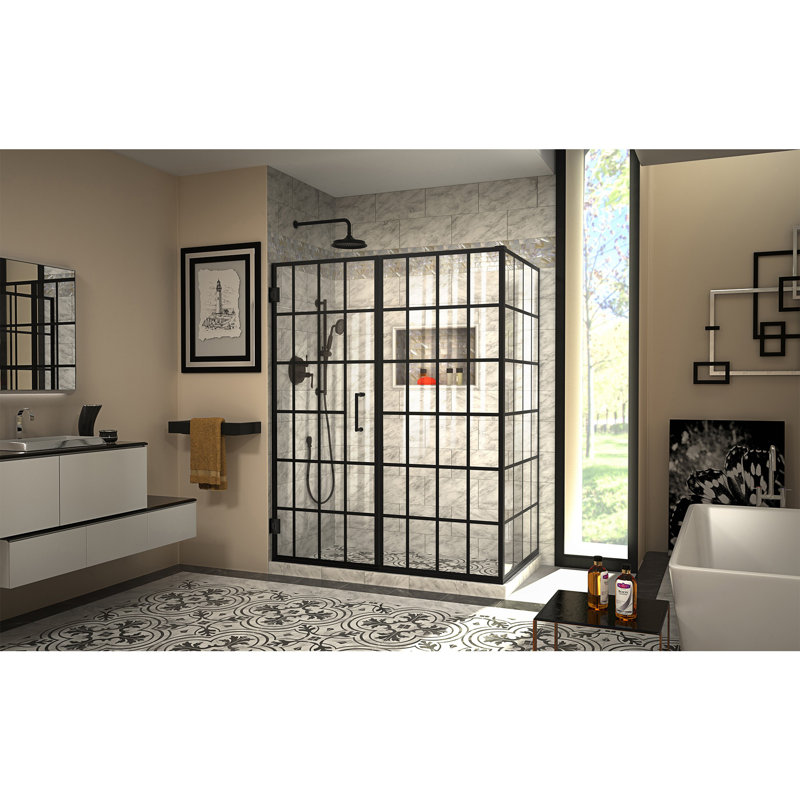 Toulon Satin Black Frameless Hinged Shower Enclosure with Clear Glass