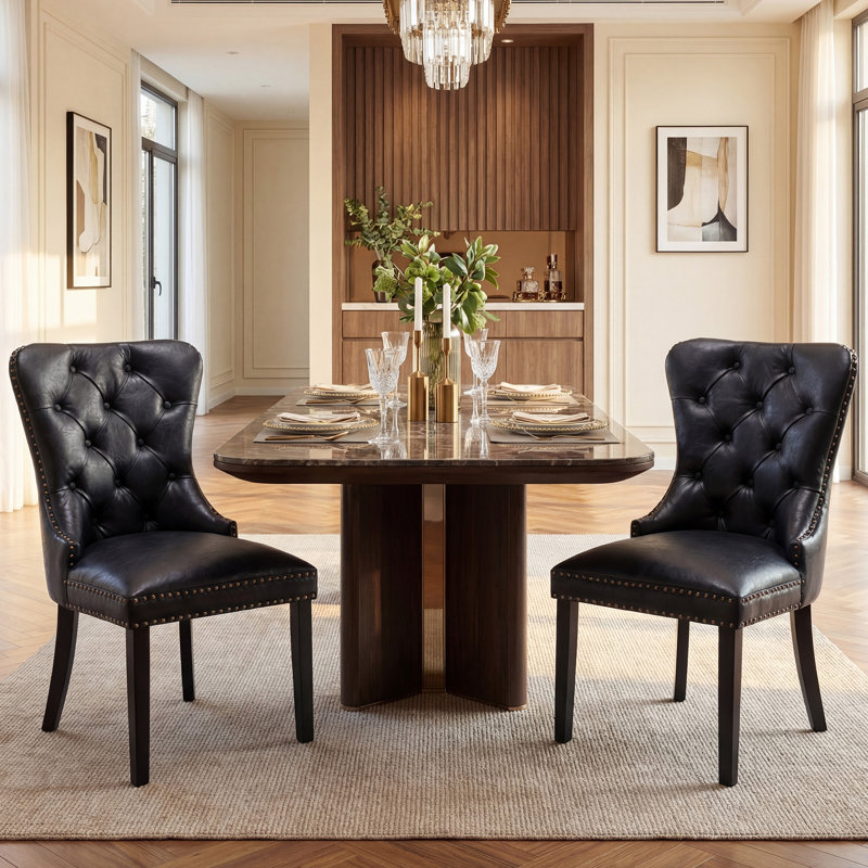 Modern Upholstered Faux Leather Dining Chairs Set Of 2 Mid Century Dining Room Chairs Tufted Ring Back Kitchen Dining Chairs Comfortable Side Chairs With Nail Head Trim