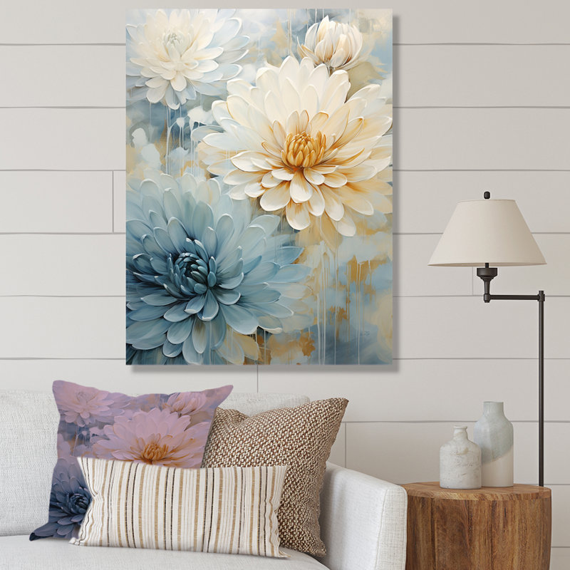 Beige and Blue Floral Canvas Painting with Frame