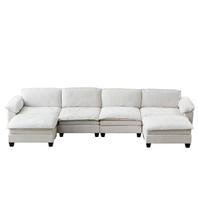 Luxury 4-Seater U-Shape Sofa with Two Ottomans, Soft Chenille Upholstery, Living Room Furniture - Beige