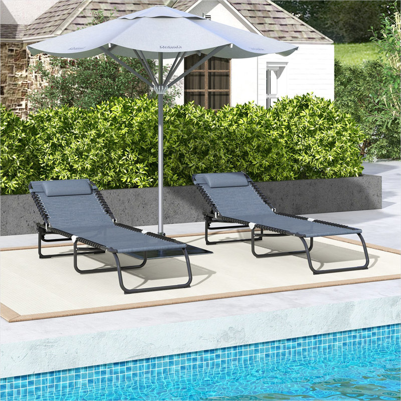 Chaises longues de camping inclinables réglables avec structure en acier et tissu en filet, gris doux, ensemble de 2, pliables pour une utilisation extérieure
