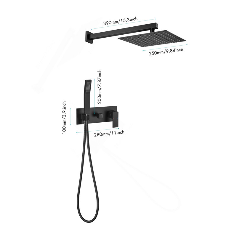 Ensemble de robinet de douche en laiton noir mat avec système de douche 10 pouces avec douchette à jet de pluie et douchette à main incluse