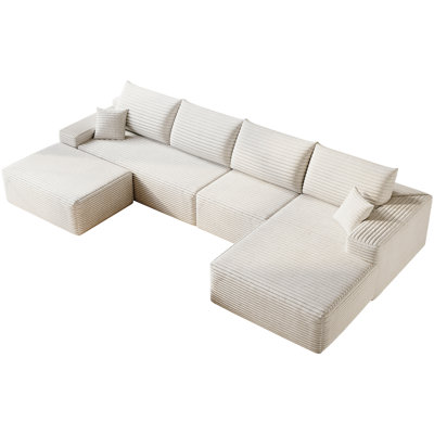 Canapé modulaire 135 po à 5 places en velours côtelé blanc confortable de 135 po pour un décor agréable dans le salon, aucun assemblage requis