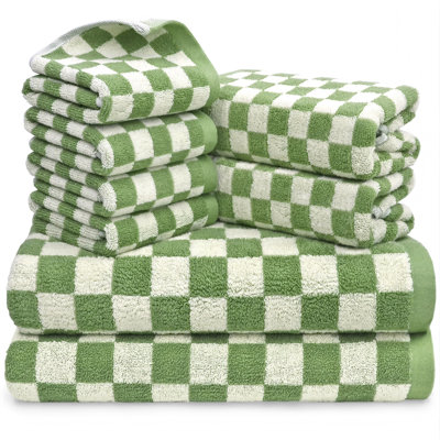 Cotton Towels And Washcloths Sets, Cute Checkered Bathroom Towels Set, Luxury Soft Absorbent Lightweight Towel,8 Piece(Green)