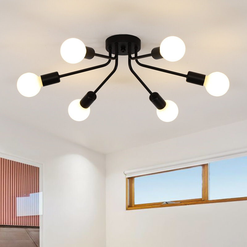 Plafonnier semi-encastré 6 lumières, lustre moderne doré Bujer, plafonnier de ferme industriel en métal pour le salon, la salle à manger et la chambre à coucher (ampoule non incluse)