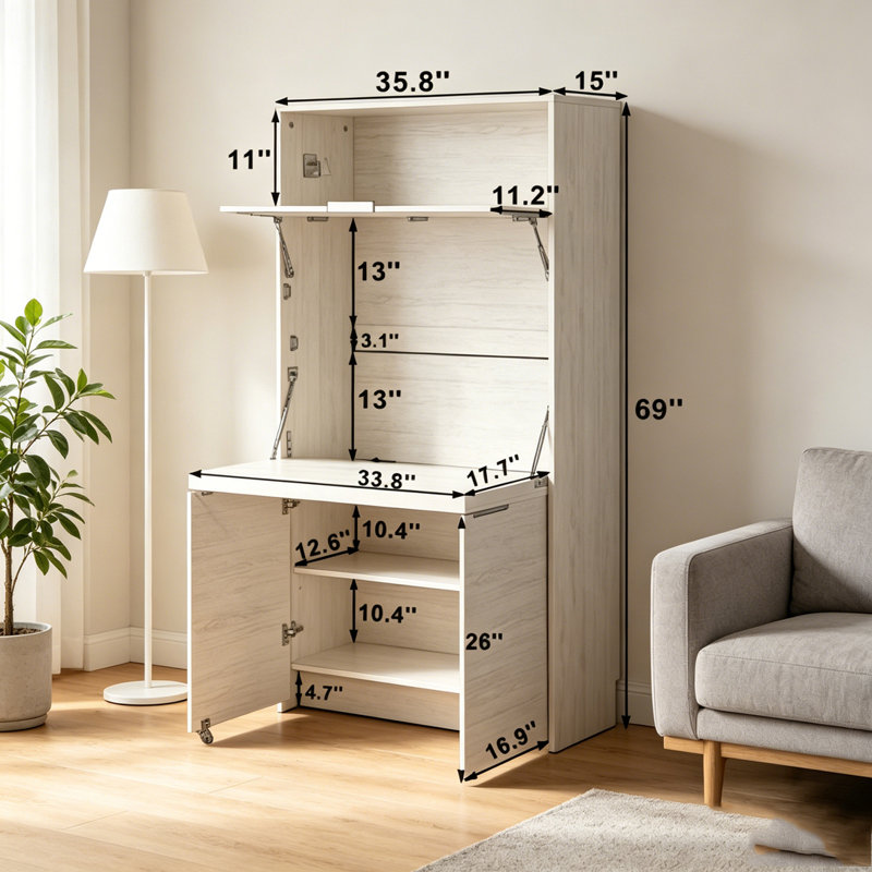 Buffet 69 po avec huche et poste de travail pliable, armoire de rangement multifonctionnelle avec tablette réglable et prise de courant