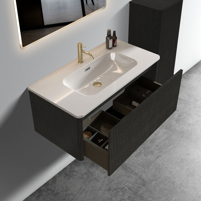 Meuble-lavabo pour salle de bain moderne - 36 po avec chêne rayé noir, lavabo en céramique blanche pré-assemblé, finition chêne brossé, choix élégant