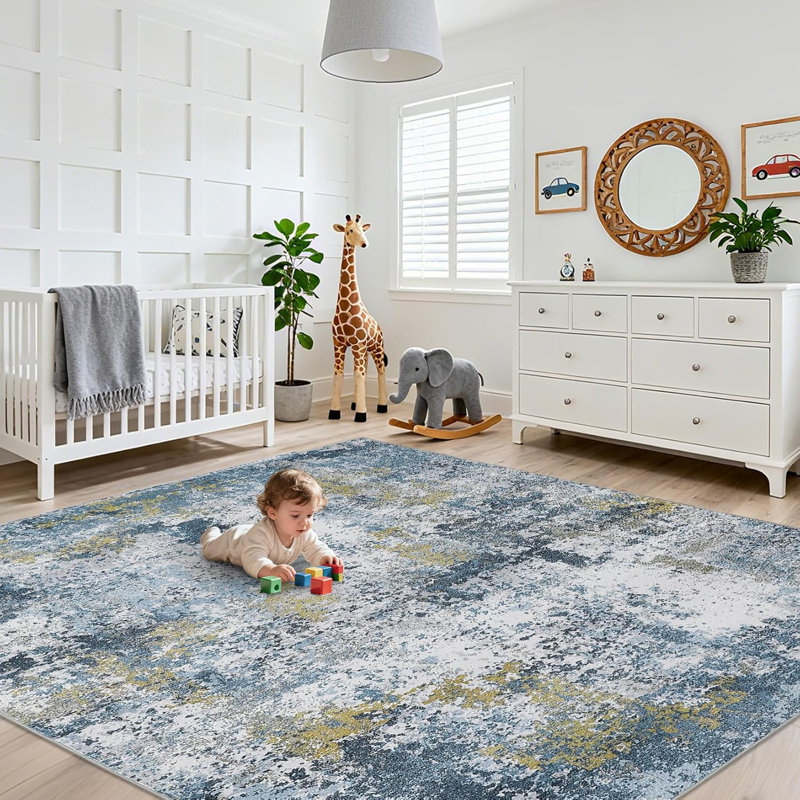 Modern Abstract 2x6 Runner Rug – Washable, Non-Slip for Hallways, Kitchen, Bathroom, Laundry Room (Blue Yellow)