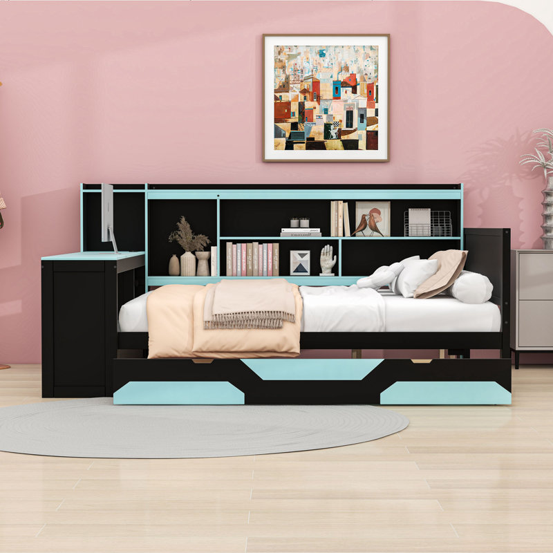 Lit de jour avec espace de travail intégré, alimentation intégrée et éclairage personnalisable, Grand lit, Noir / Bleu