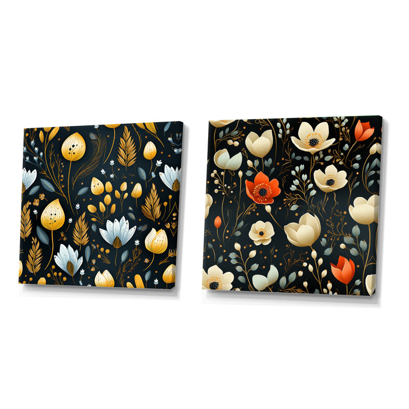 Nostalgie rétro motif floral noir - ensemble de collage abstrait botanique carré de 2, Toile tendue, H 36 po x l 73 po