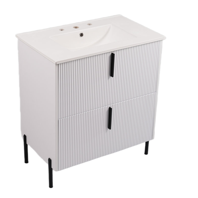 Meuble-lavabo de salle de bain avec lavabo en céramique et tiroirs pleine extension, Blanc
