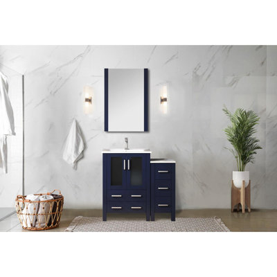 Bleu marine 36 po Meuble-lavabo large avec armoire latérale, robinet, comptoir en céramique et miroir suspendu de 22 po
