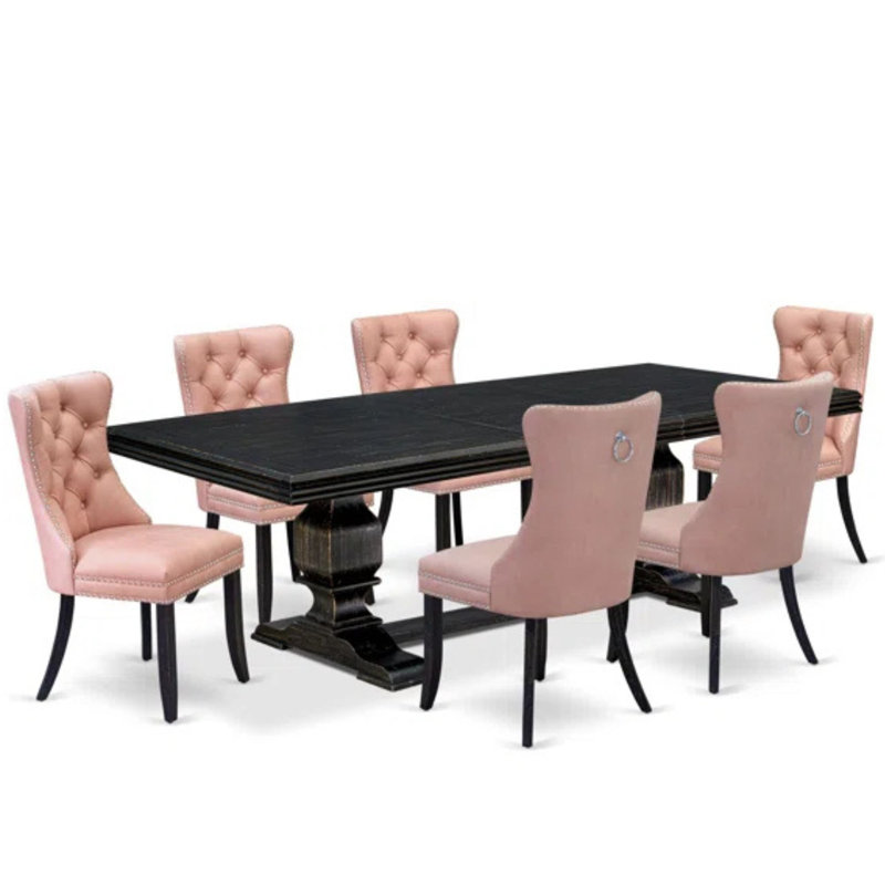 L'ensemble de salle à manger 7 pièces contient une table de cuisine rectangulaire et 6 chaises modernes en tissu de polyester rouge beige, noir sablé