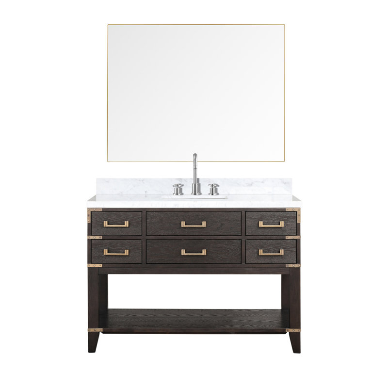 Meuble-lavabo simple en chêne brun 48 po X P 22 po D, comptoir en marbre de Carrare, ensemble de robinet et Miroir