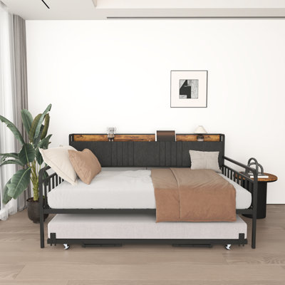 Twin Daybed with Trundle, Sturdy Metal Frame, Upholstered Headboard & Charging Station, Guest Bed, Black