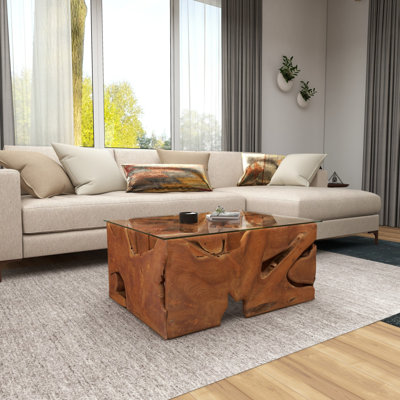 Teak Wood Handmade Live Edge Tree Stump Living Room Coffee Table with Clear Glass Top