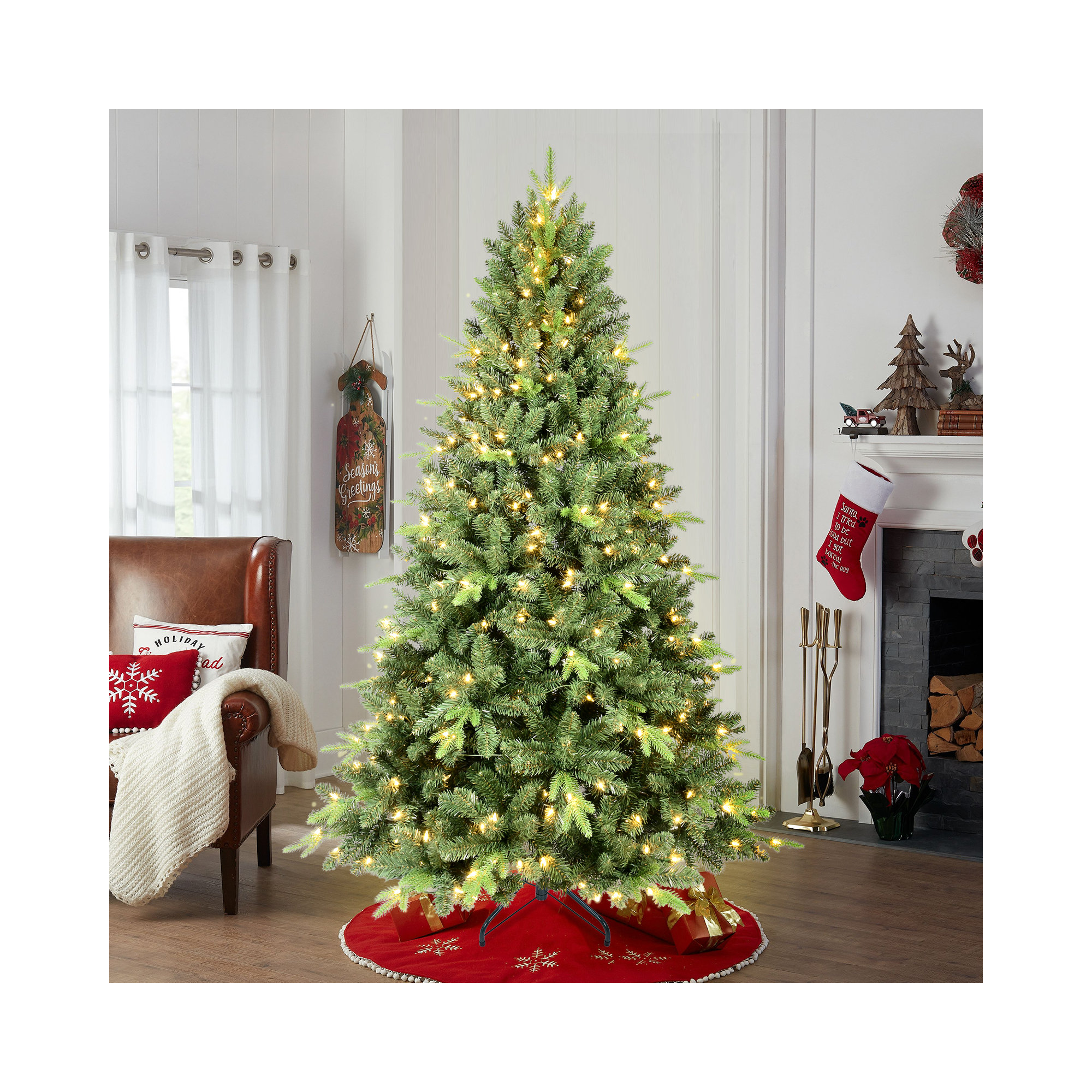 Pre-Lit Artificial Christmas Tree with Warm White Lights & PVC/PE Mixed Branch Tips, 7'5"