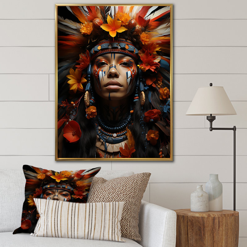 Yance orange amérindien Yance Essence IV, H 32 po x l 16 po x P 1 po, Cadre flottant doré