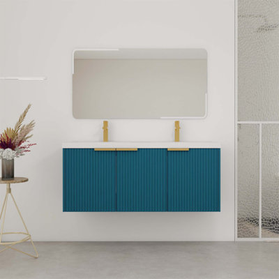 Meuble-lavabo mural avec lavabo double en résine et portes à fermeture en douceur, offrant beaucoup de rangement et une conception moderne pour améliorer la salle de bain