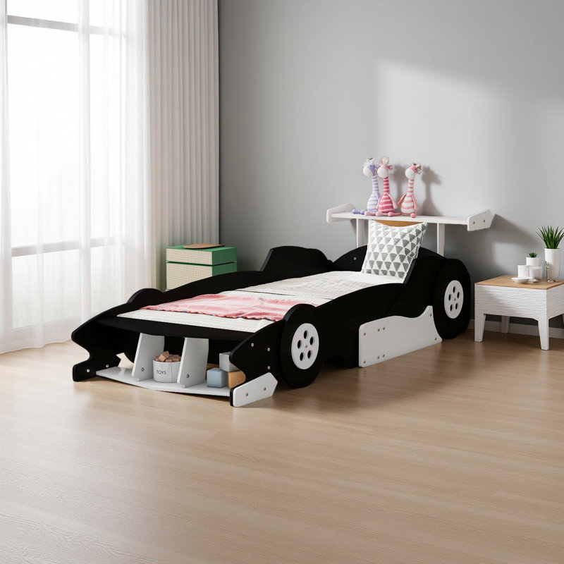 Twin Size Race Car-Shaped Platform Bed With Wheels, Black