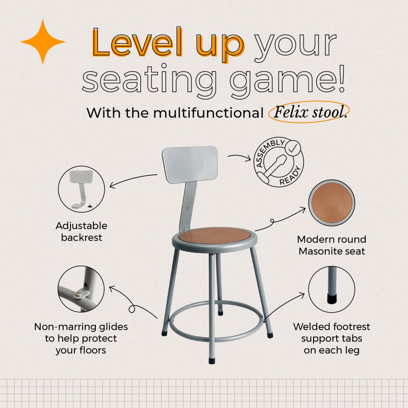Felix  Steel Stool with Backrest,  Assembly Ready, Brown/Gray, Gray, Short Stool (18" Seat Height)