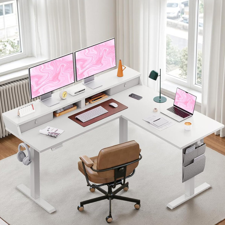 63” L-Shaped Electric Standing Desk, Ergonomic Corner Height Adjustable Desk with Drawers, Sit-Stand Computer Table with Storage for Home & Office
