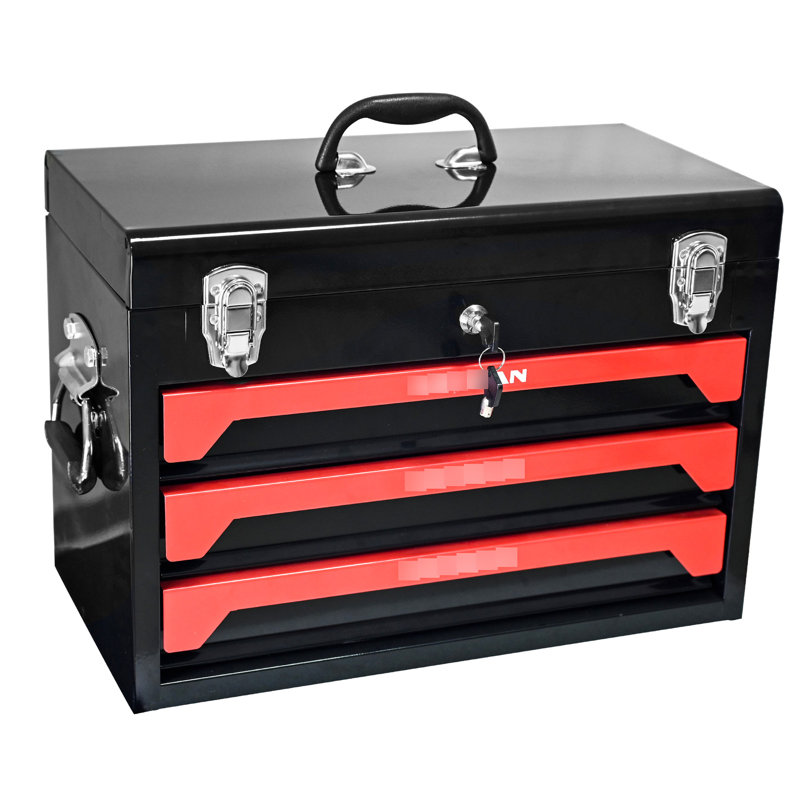 Porte-outils 20 po à 3 tiroirs en acier, noir et rouge, glissière à roulement, loquet en métal, boîte de rangement pratique, portable, pratique