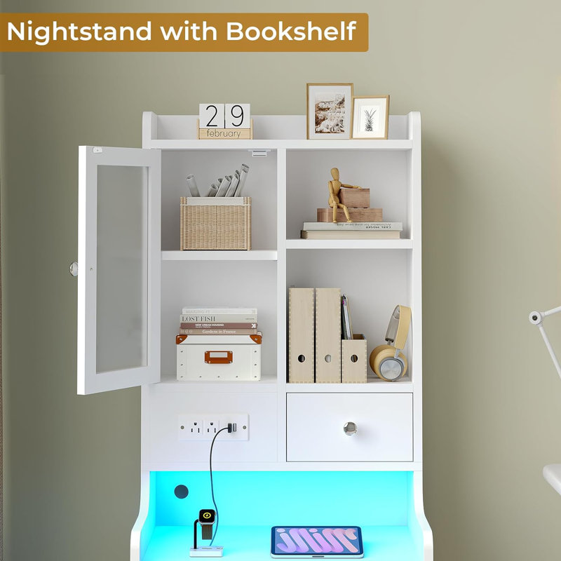 Tall Night Stand With Charging Station And Led Lights,49.2" Nightstand With Bookshelf,adjustable Shelf With Glass Door, Gray Bedside Table With Drawers,end Side Table For Bedrooms