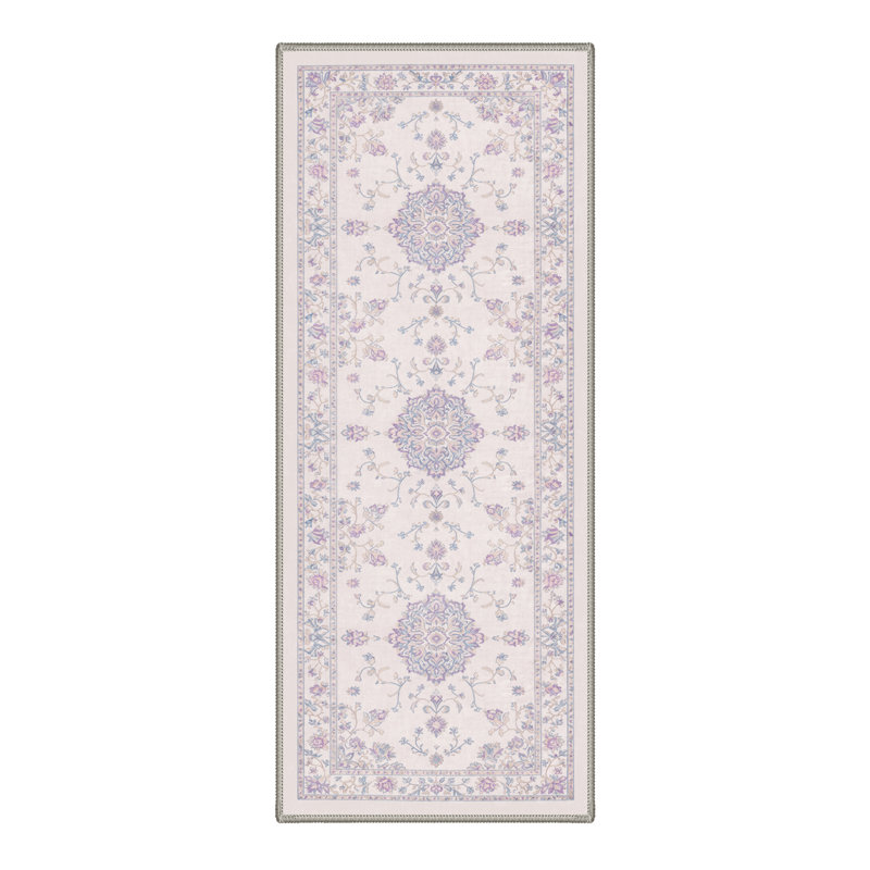 Abadou Floret Vintage Floral Medallion Machine Washable Beige / Blue Indoor Area Rug with Non-Slip Backing, Runner 2' x 7'