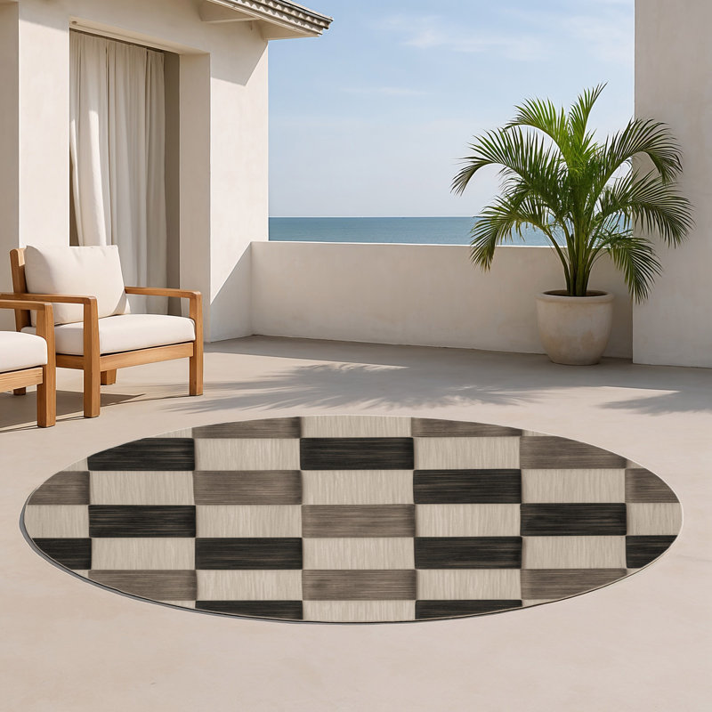 Tapis d'intérieur et d'extérieur à carreaux beige, Rond 5 pi