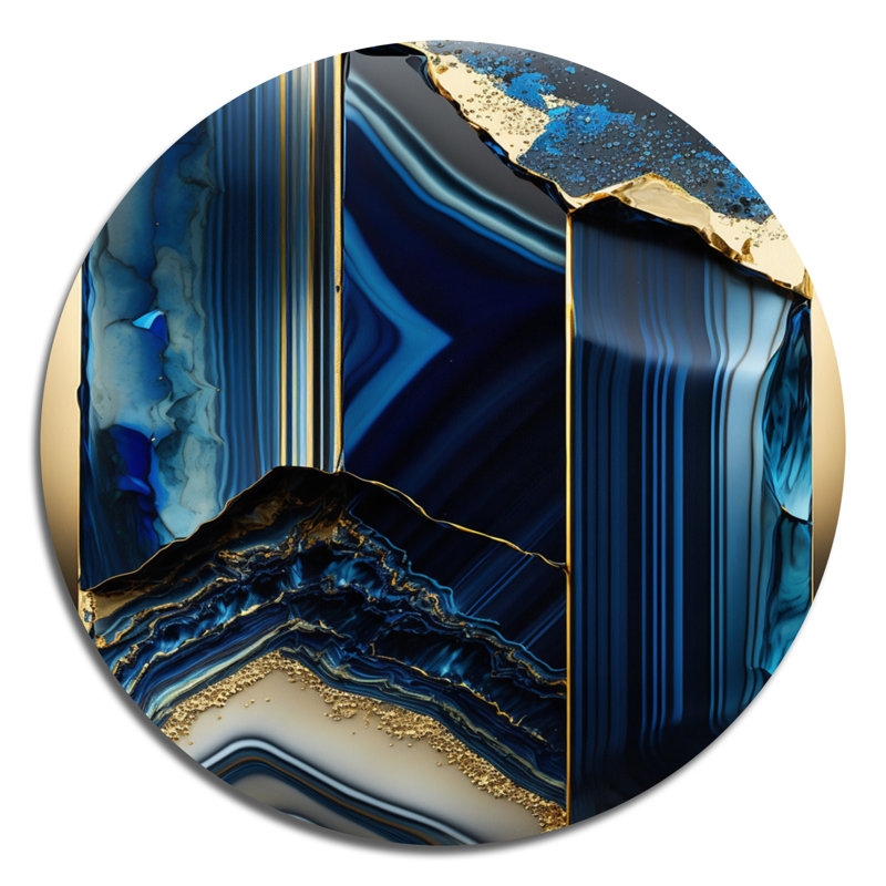 «Abstract Geode Geometric Blue III» - Art mural rond abstrait géométrique sur métal, L 16 po x H 16 po