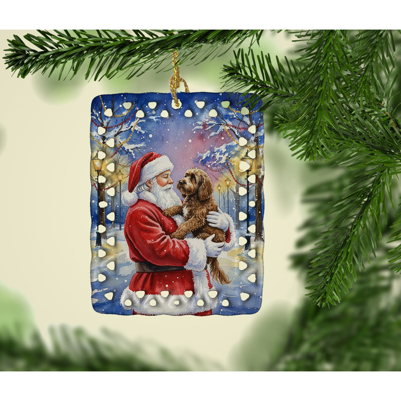 Ornement en porcelaine chocolat et père Noël, Labradoodle chocolat