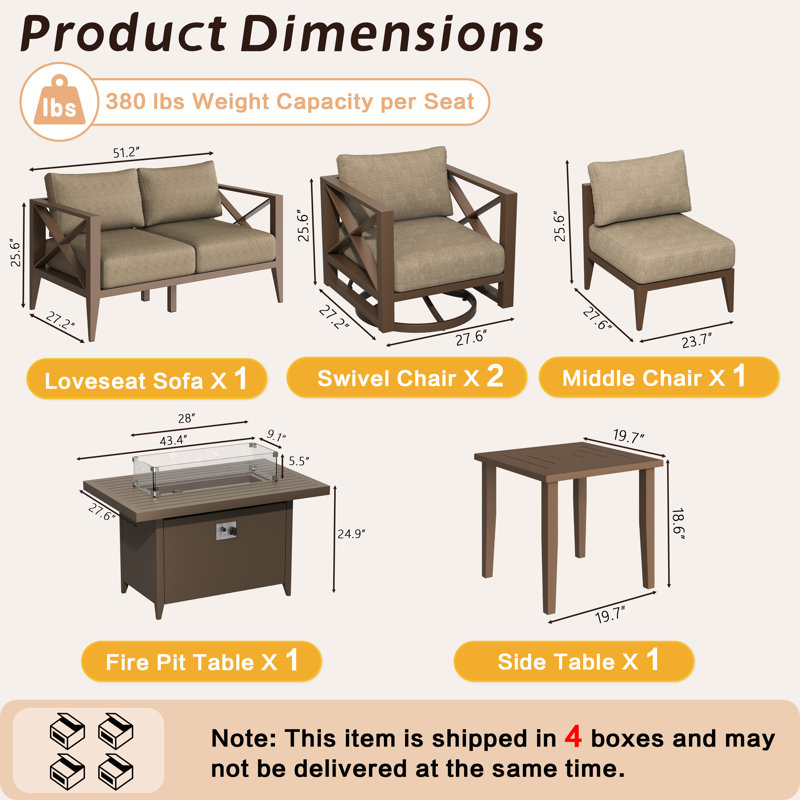Aluminum Patio Furniture Set with Oversized Fire Pit Table, 7-Piece All-Weather Outdoor Conversation Set with Swivel Rocking Chairs, Oversized Modern Sofa for Backyard, Deck, Balcony-Brown