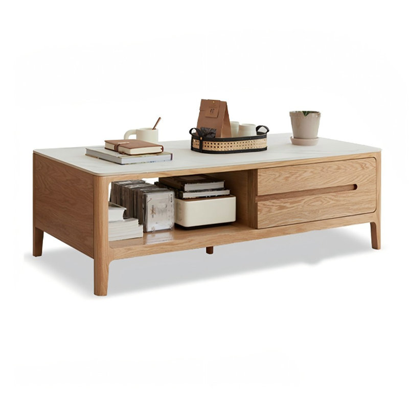 White + Burlywood Sintered Stone + Solid Wood Rectangular Coffee Table, 17.72" H x 53.15" L x 25.59" W